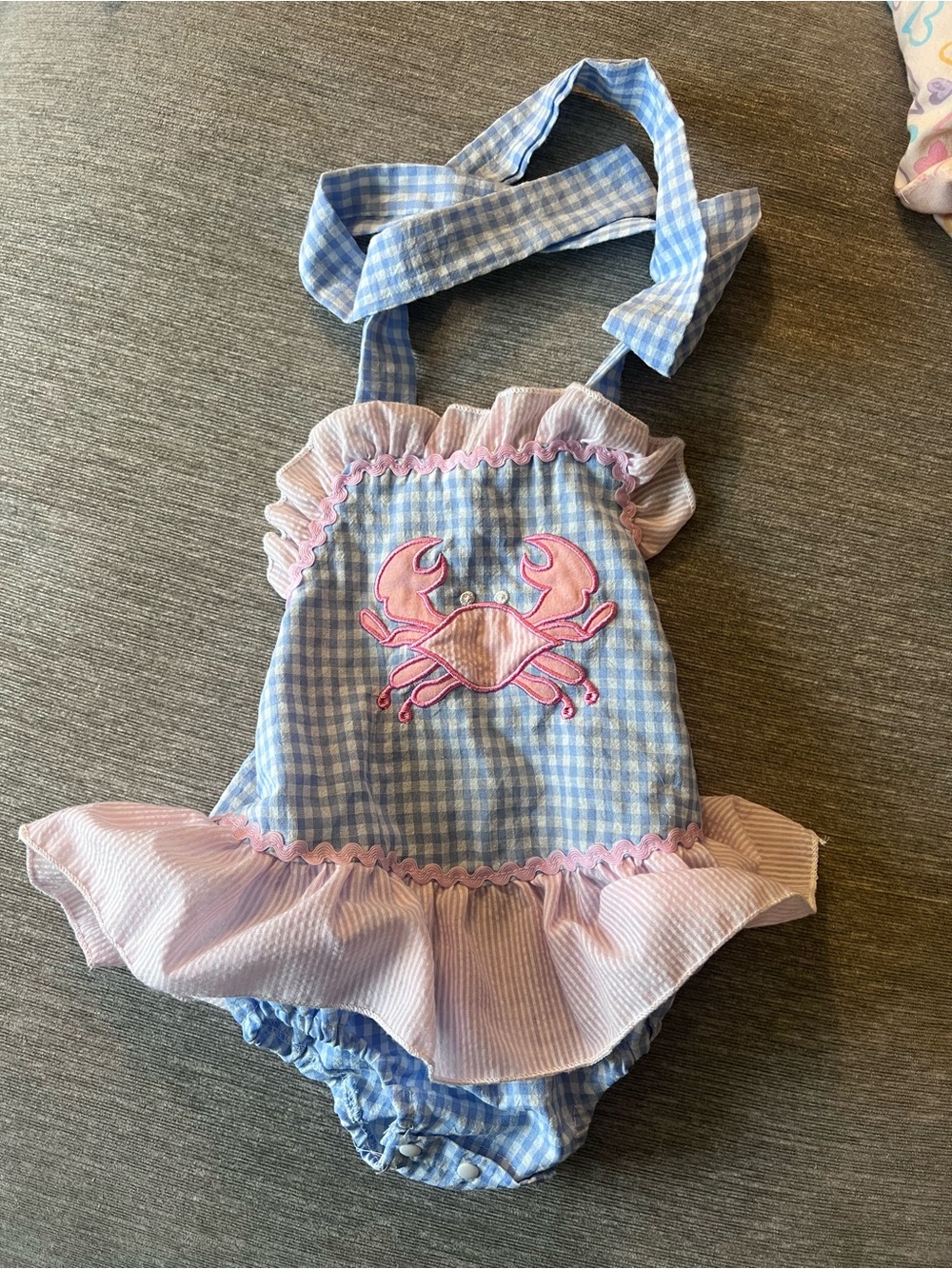 Blue Gingham Baby Romper with Pink Crab Embroidery